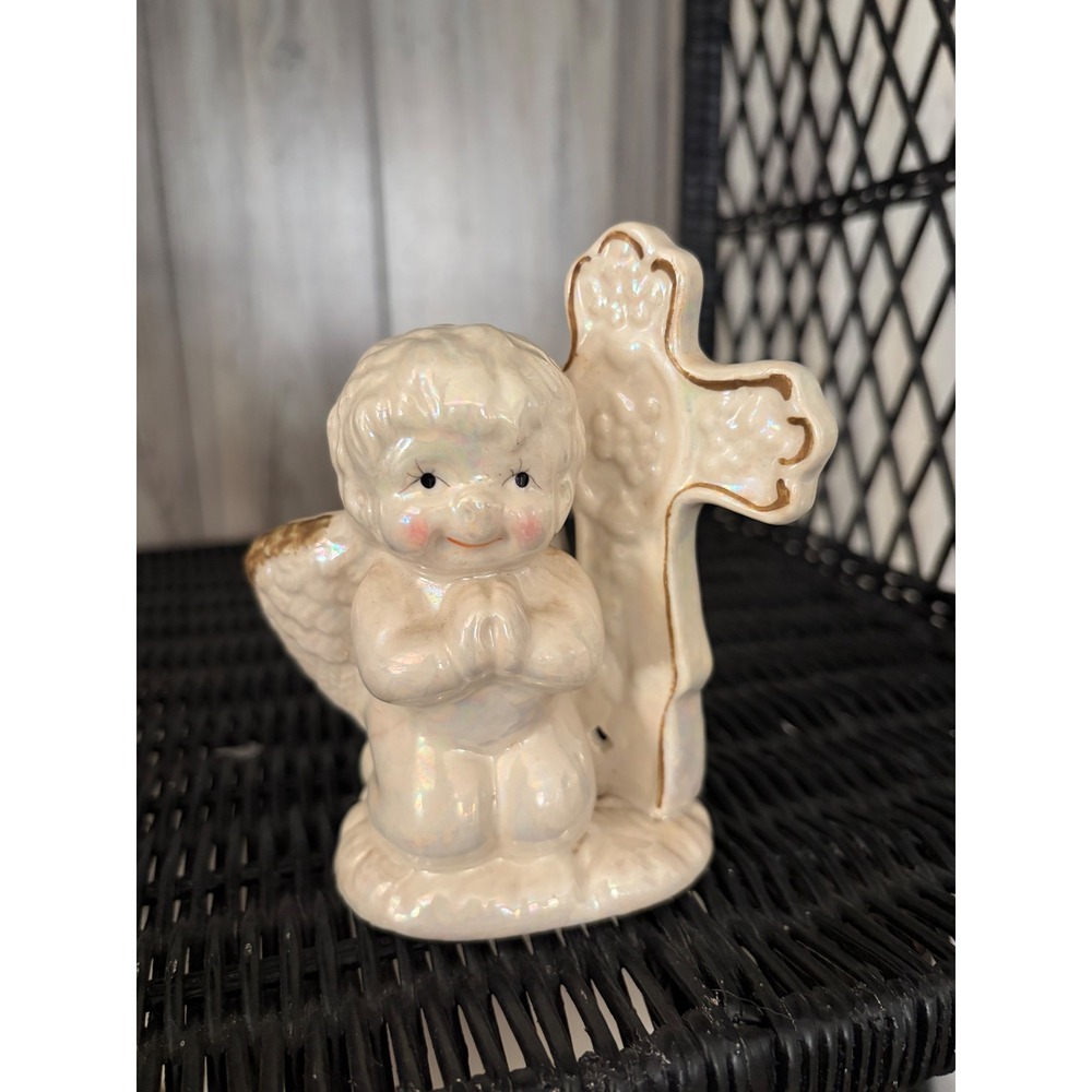 Vintage Iridescent Ceramic Praying Angel Cherub with Cross Figurine Gold Trim